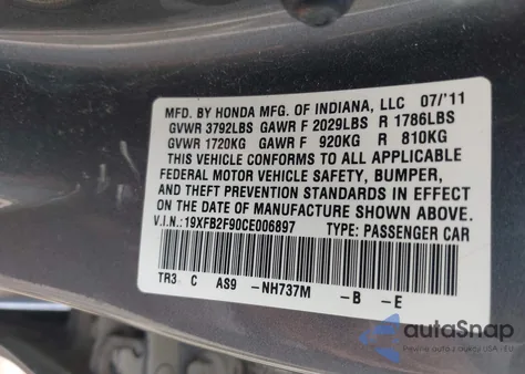 2012 Honda Civic Ex-L z USA, uszkodzony, nr VIN 19XFB2F90CE006897